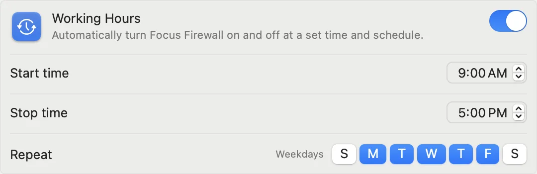 Focus Firewall schedule settings for automatically blocking during working hours