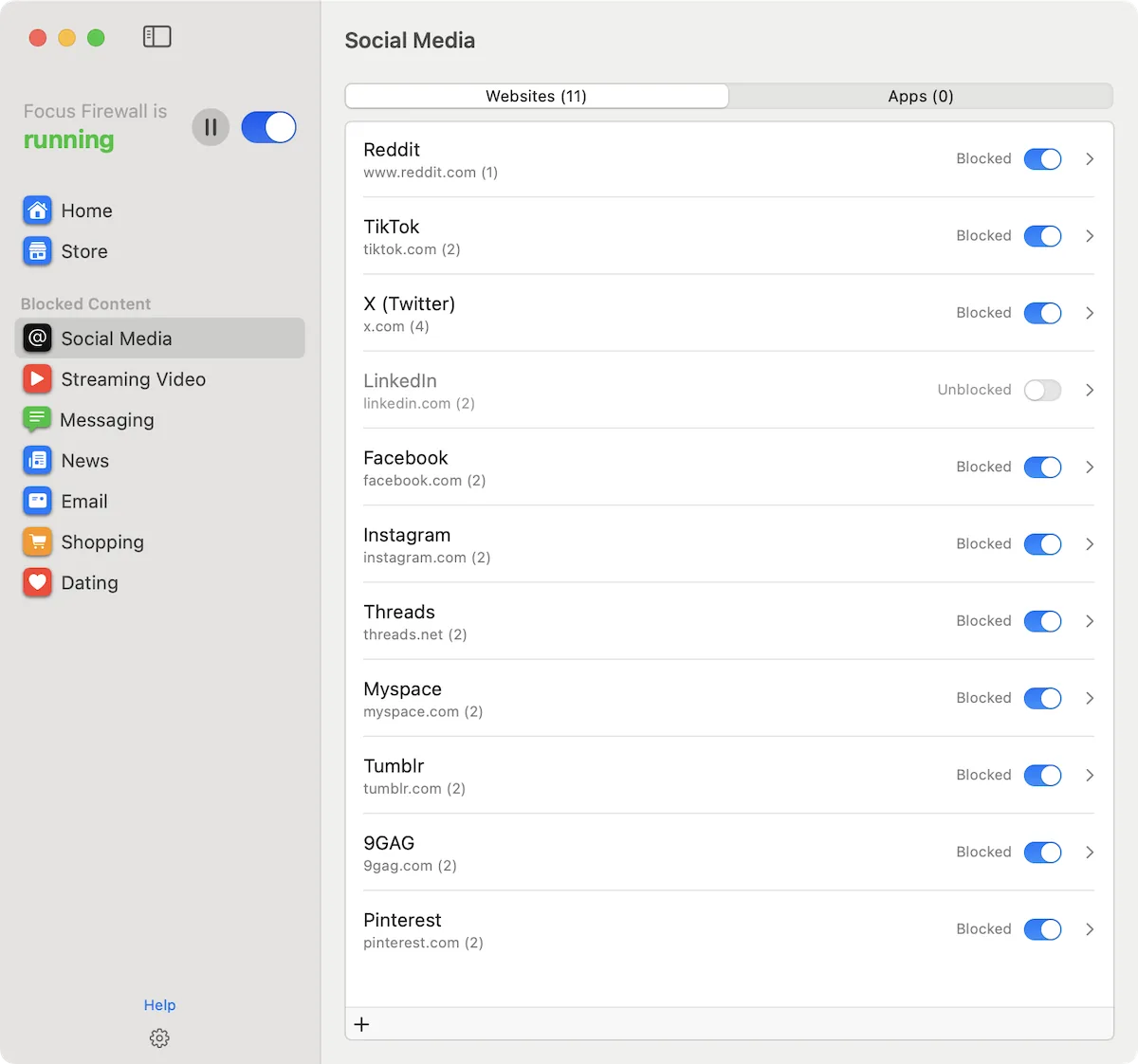 Focus Firewall curated blocklist with categories of distracting websites and apps