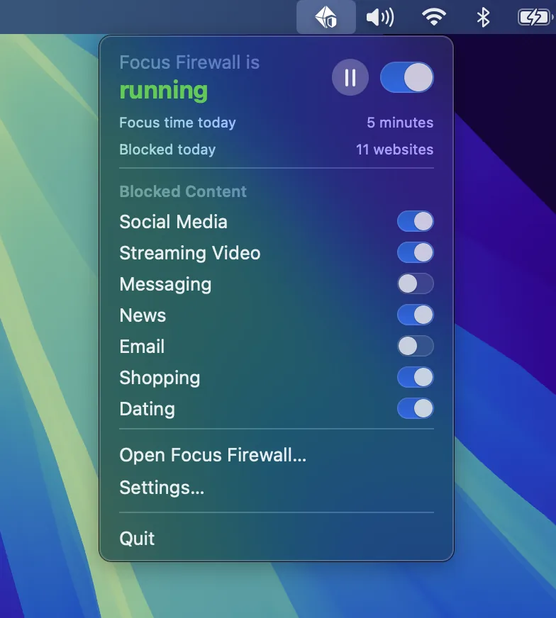 Focus Firewall menu bar app showing blocking enabled and time saved