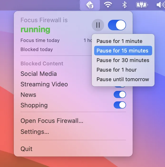 Focus Firewall pause menu with options to pause blocking for a few minutes