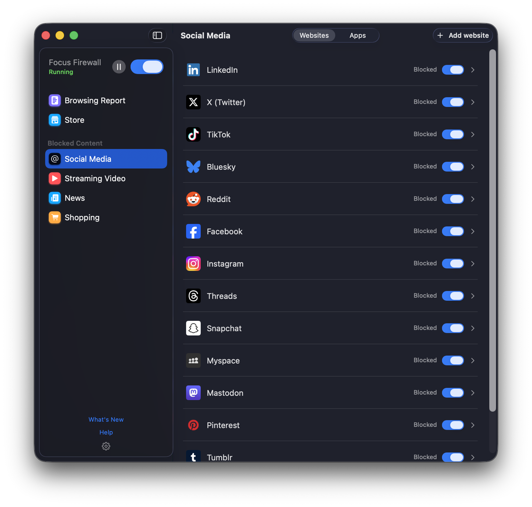 The Social Media blocklist: LinkedIn, X, TikTok, Bluesky, Reddit, Facebook and more, each with a switch