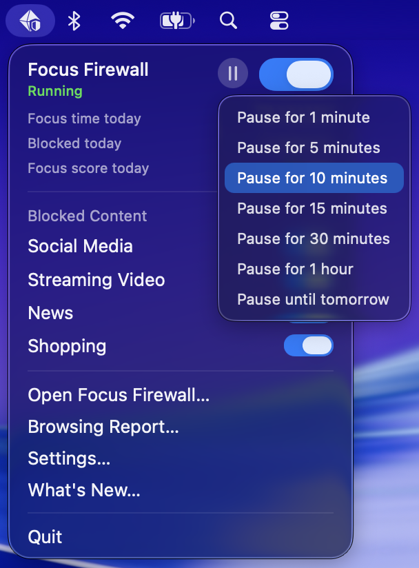 Menu bar popover with the pause menu open: 1, 5, 10, 15 and 30 minutes, 1 hour, or until tomorrow