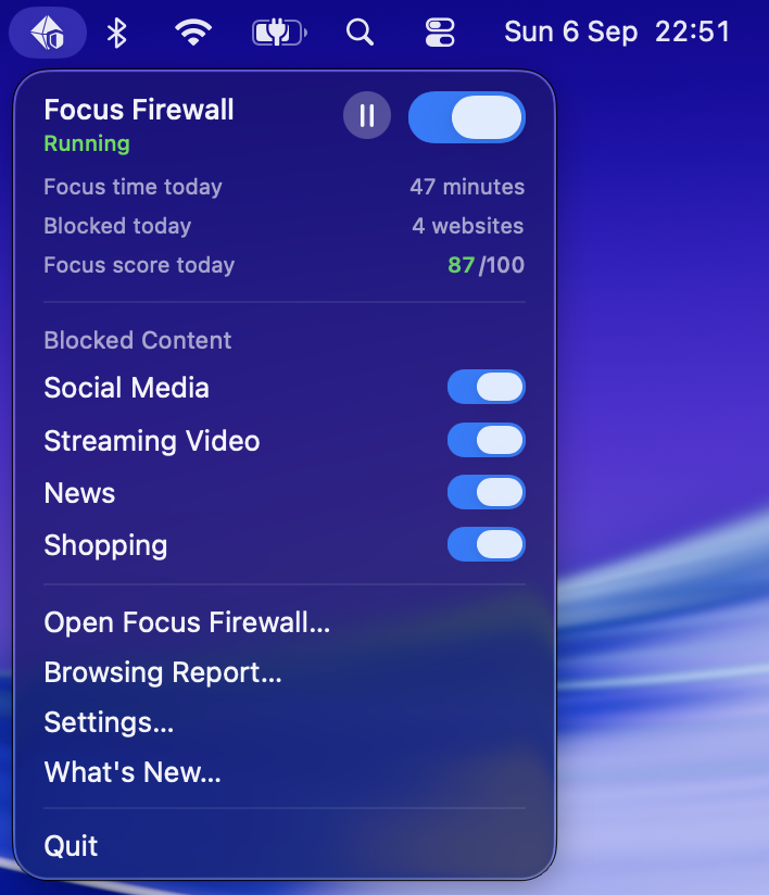 Menu bar popover with Social Media, Streaming Video, News and Shopping switched on