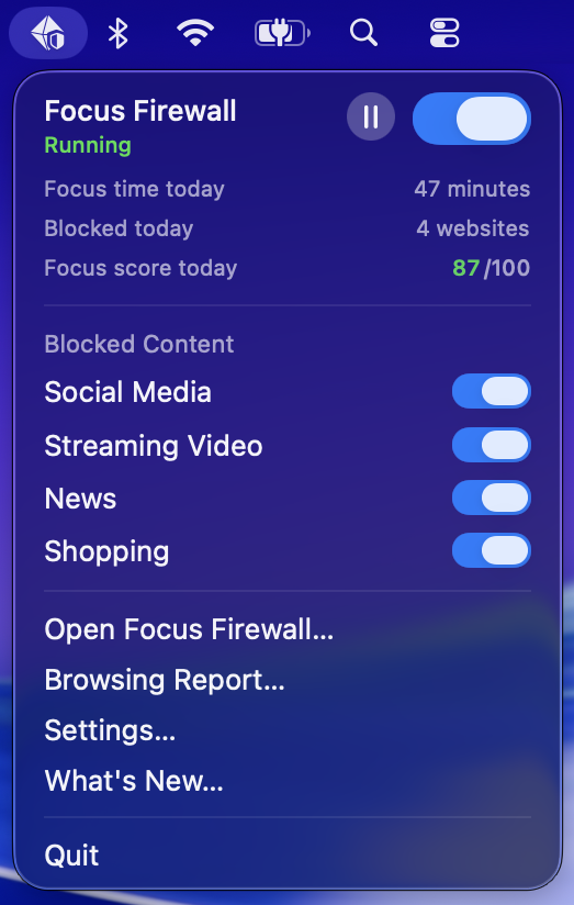 Menu bar popover with the firewall running, today's focus time and the blocked categories
