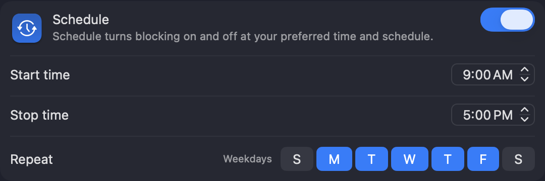 Schedule settings: blocking from 9:00 AM to 5:00 PM, Monday to Friday