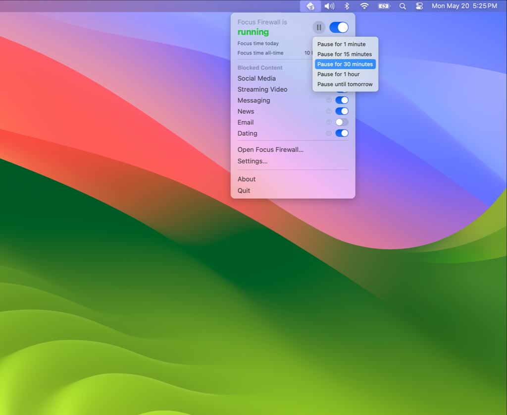 Screenshot showing menu bar providing quick access to pause and toggling categories